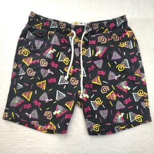 Oh Snap! Mens Lrg 90s Retro‎ Print Drawstring Shorts Black Colorful Geometric